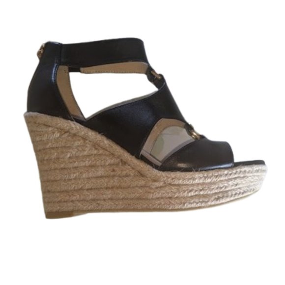 KARL LAGERFELD Black and Tan Wedge Platform Sandals Size 6 NEW NWOT - Picture 2 of 8